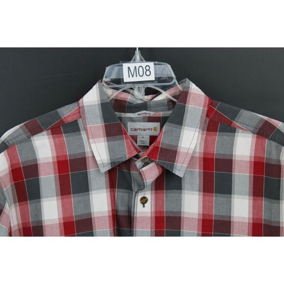 Carhartt Xl Relaxed Fit Burgundy/Gray Plaid Short Sleeve Button Front Shirt - Picture 2 of 7